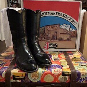 Vintage 1990s Justin Women's Black Leather Roper Cowboy Boots, SZ 6 B